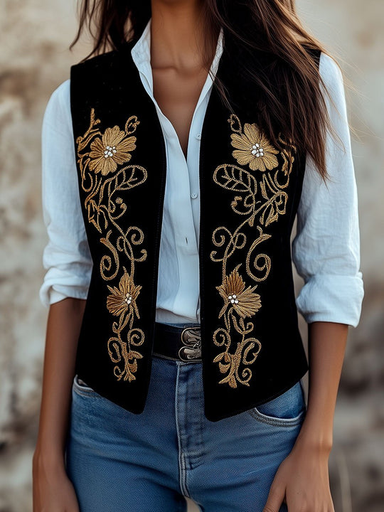 Bohemian Golden Floral Embroidery Suede Waistcoat