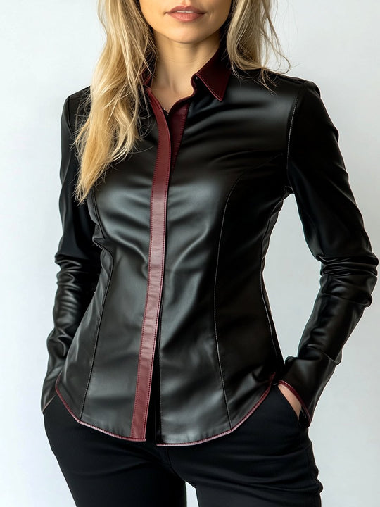 Stylish Constract Trim Button Down Leather Shirt