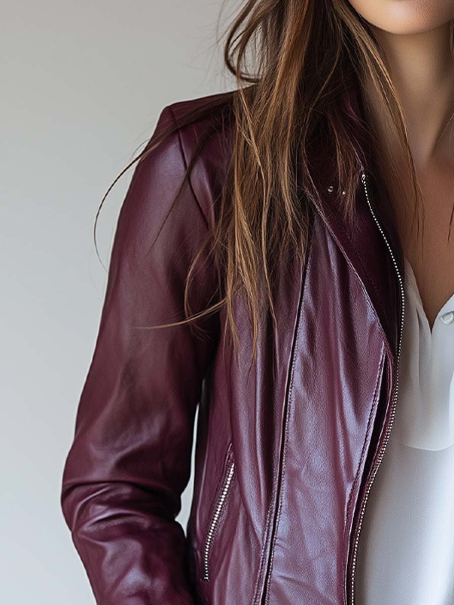 Women's Vintage Burgundy Zipper Leather Jacket