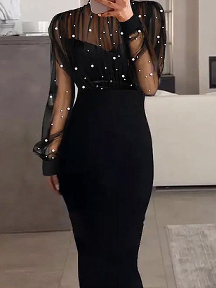 Elegant Pearl Embellished Mesh Maxi Dress