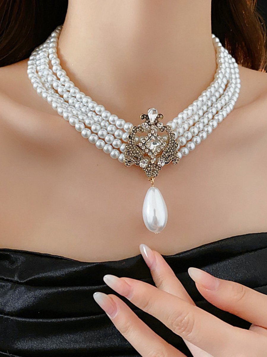 Round Diamond Drop Multi-layer Pearl Necklace and Earrings Set