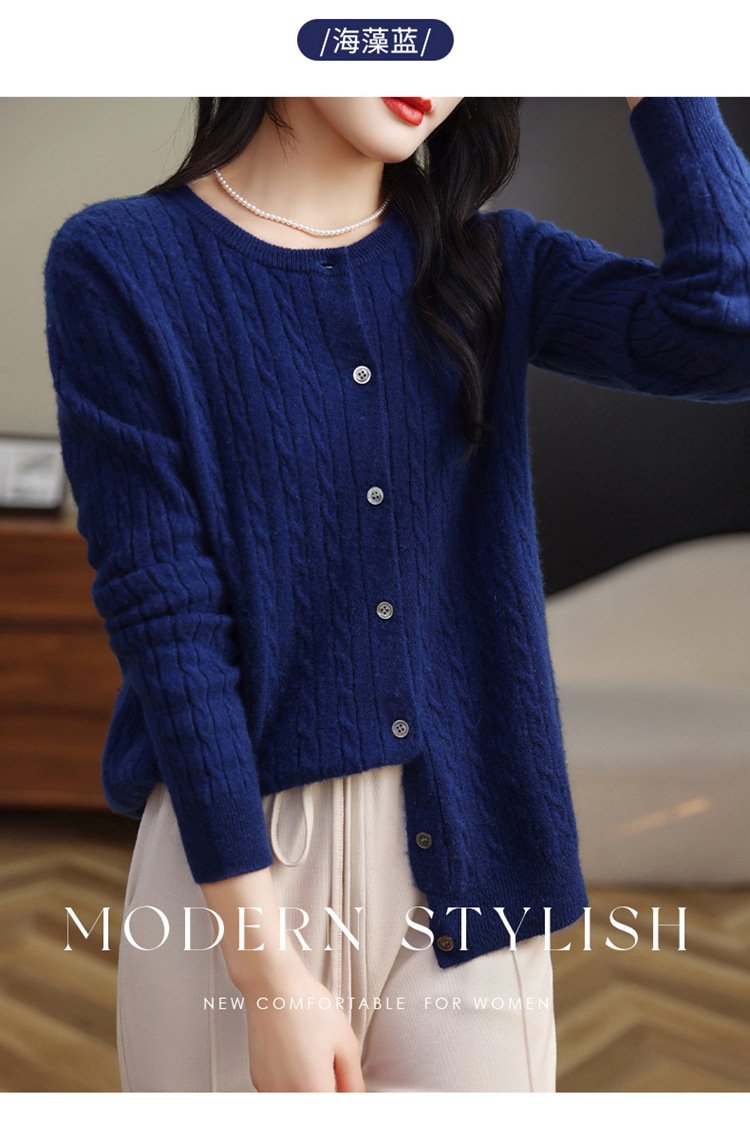 Fashion Round Neck Slim Fit Cable Knit Cardigan