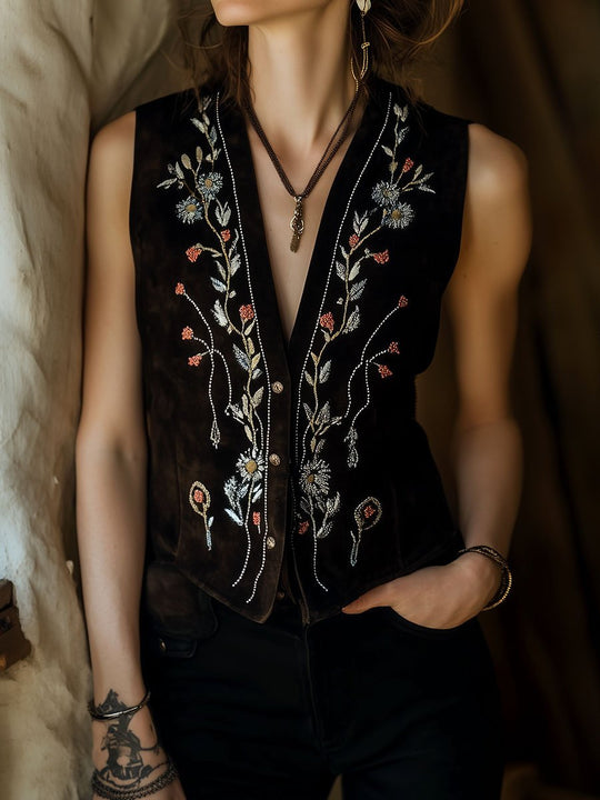 Vintage Flower Embroidery Single-breasted Suede Vest