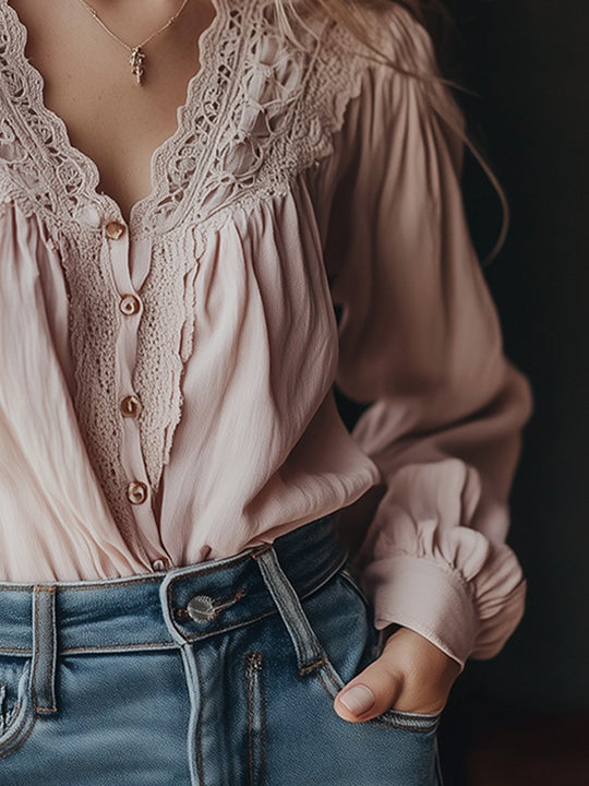 Vintage-Inspired Blush Pink with Delicate Lace Details Blouse