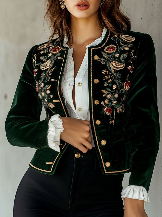 Retro Round Neck Symmetrical Embroidery Velvet Jacket