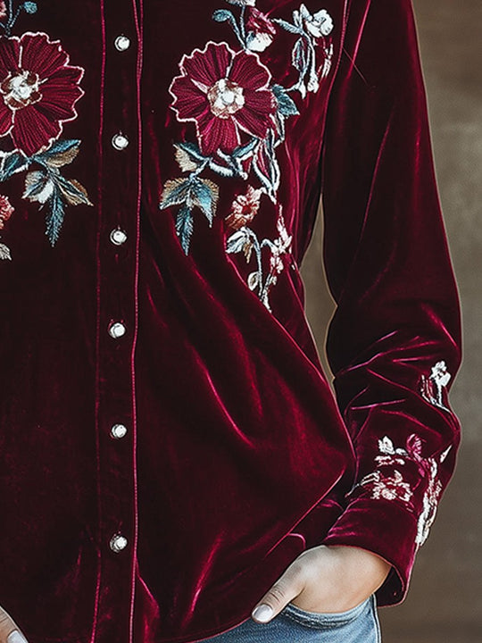 Elegant Red Velvet Embroidered Long Sleeve Shirt