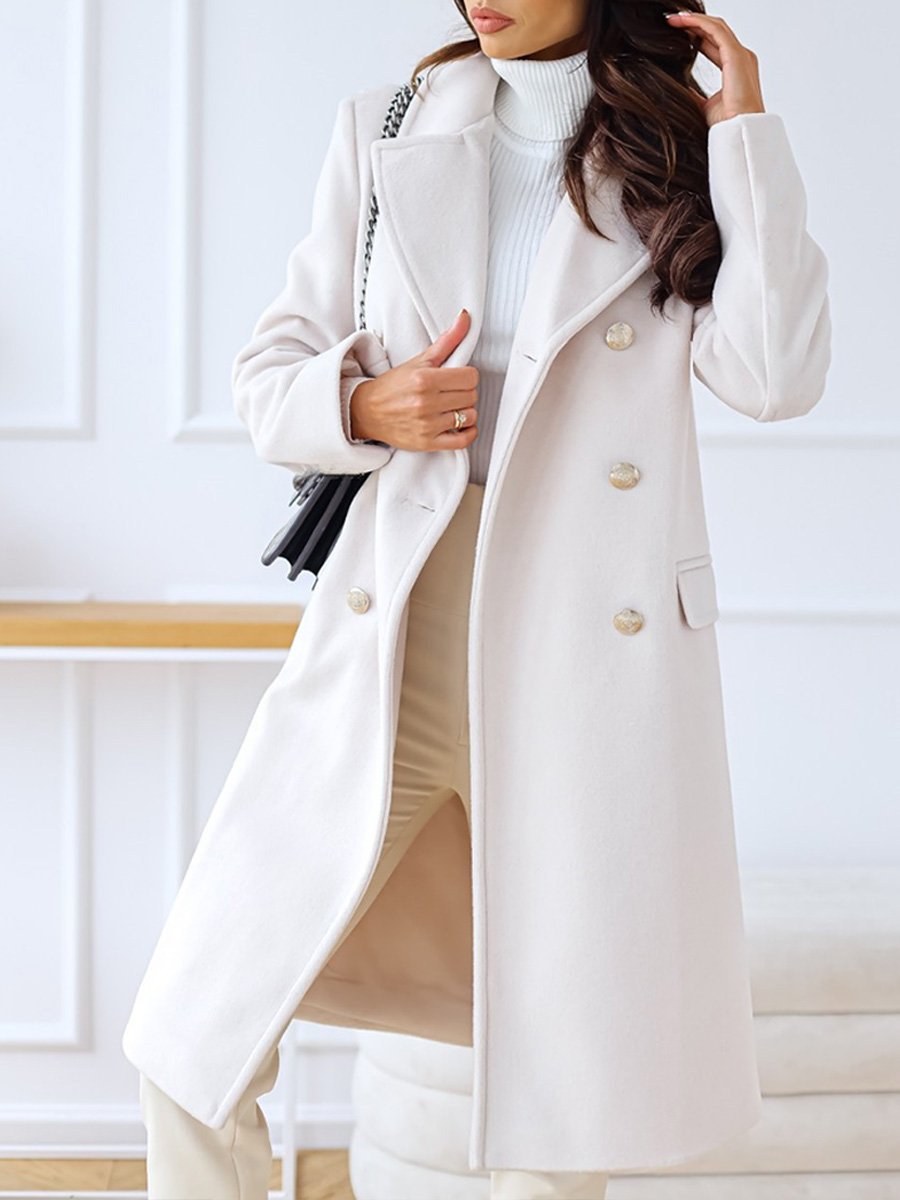 Lapel Double-breasted Simple Long-sleeved Woolen Coat