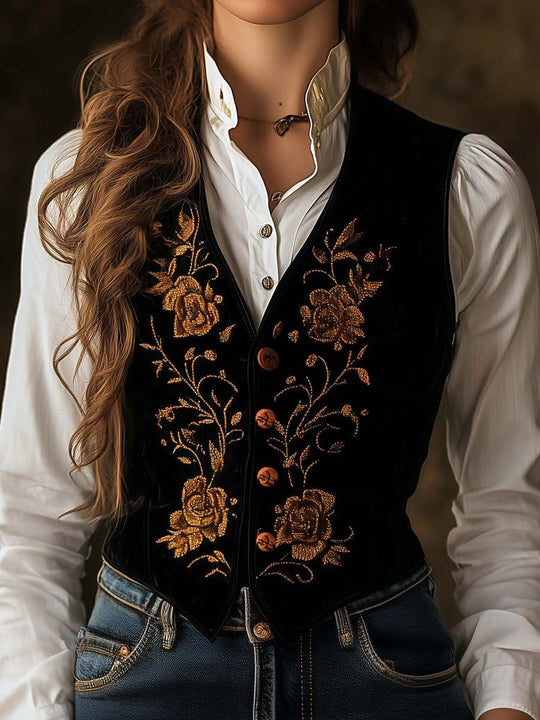 Vintage Gold Embroidered Slim Fit Suede Vest