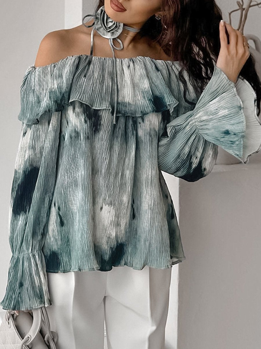 Fashionable Floral One-shoulder Neckline Lace-up Loose Flared Sleeve Shirt