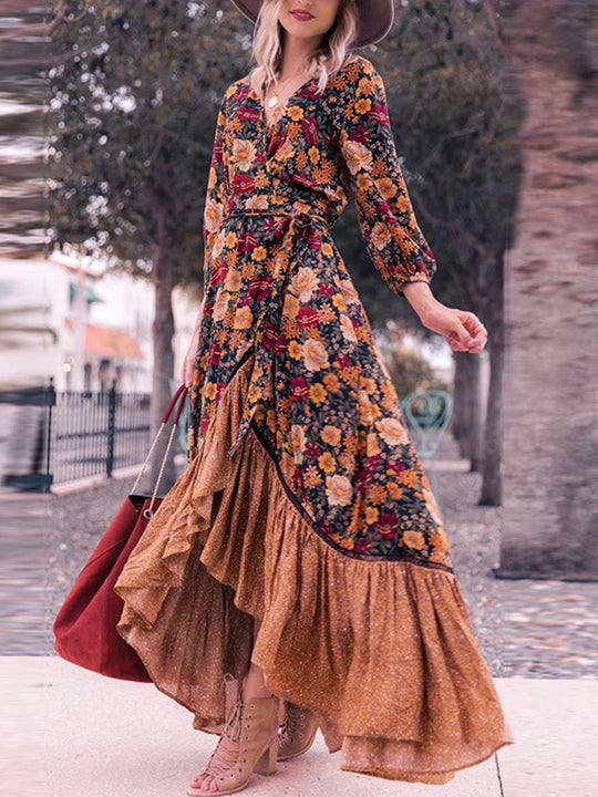 Retro Casual Long-sleeved Printed Maxi Dress