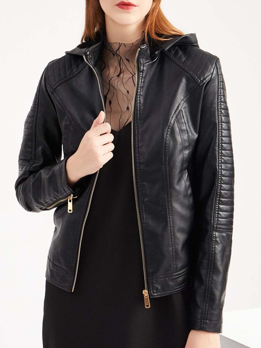 Women's Thick Hooded Warm Leather Jacket