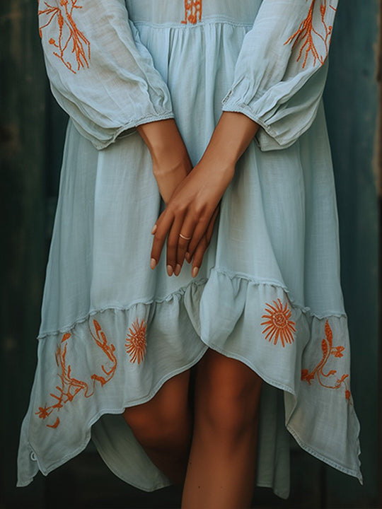 Bohemian Embroidered High-Low Midi Dress