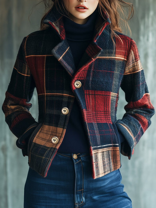 Chic Stand Collar Plaid Pattern Woolen Jacket