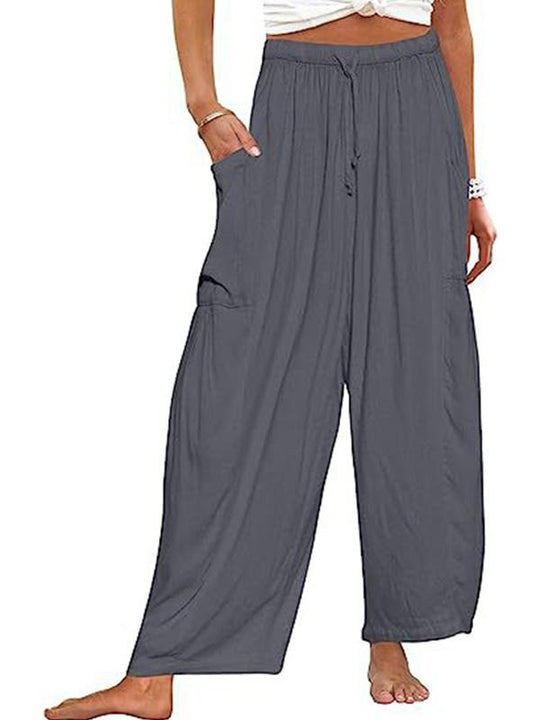 Elastic Waist Pleated Loose Casual Cotton and Linen High Waist Wide Leg Pants