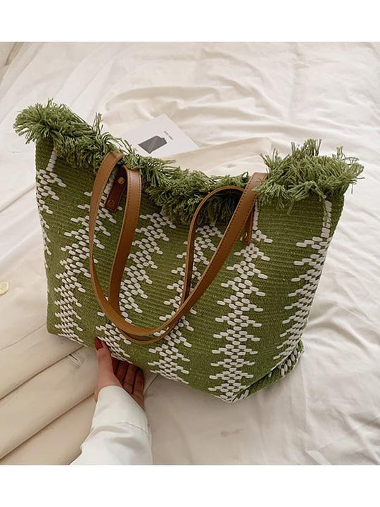 Niche Design Tassel Cotton and Linen Woven Commuting Tote Bag