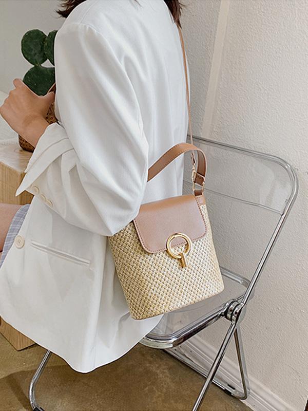 Crossbody Straw Woven Vacation Bucket Bag