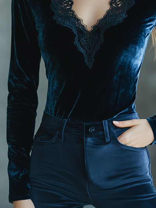 Blue V-neck Velvet Lace Slim-fit Long-sleeved Shirt