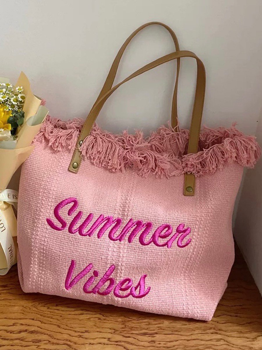 Embroidered Tassel Large Canvas Tote Bag