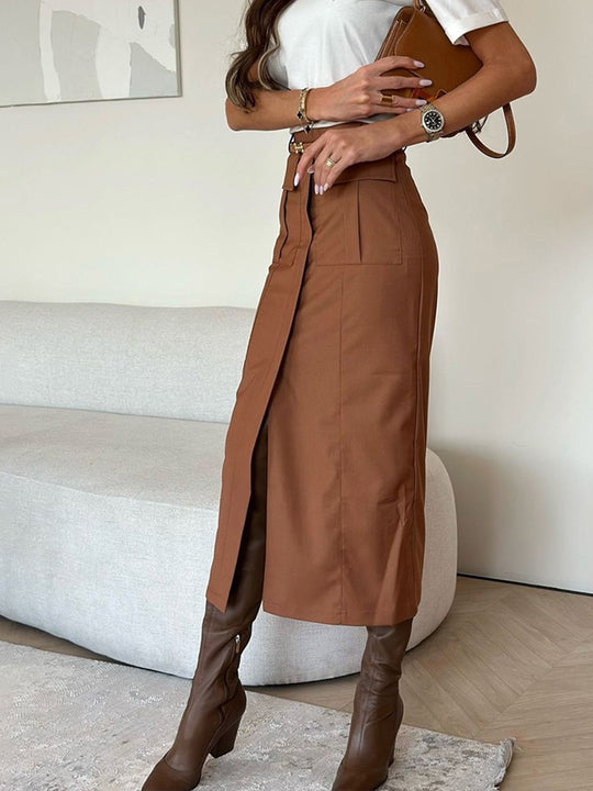 Women's Brown Slit Mid-length Skirt with Hip Skirt