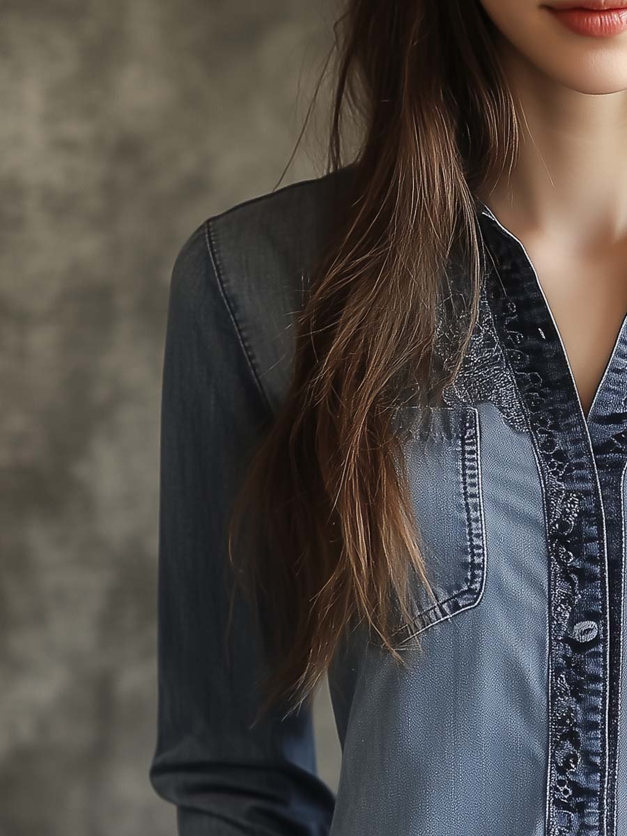 Women's Vintage Denim Lace Hem Long Sleeve Shirt