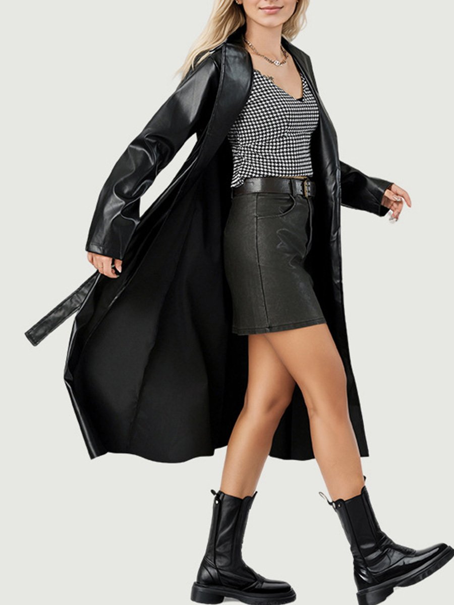 Fashionable Black Waisted and Long Leather Trench Coat