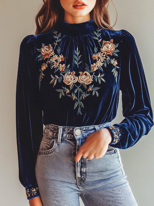 Elegant Mock Neck Floral Embroidery Velvet Blouse