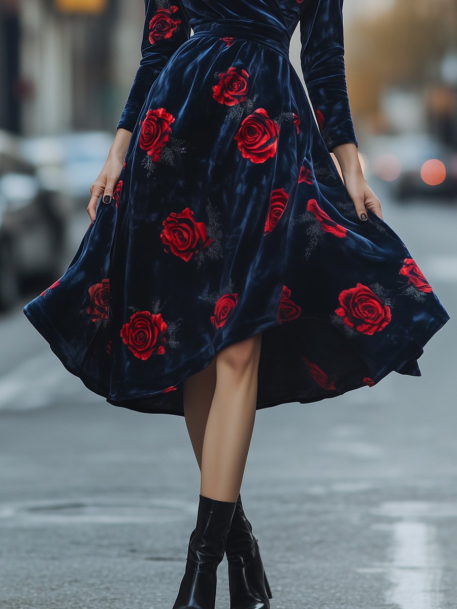 V-neck Vintage Blue Velvet Rose Print Midi Dress with Wide Skirt