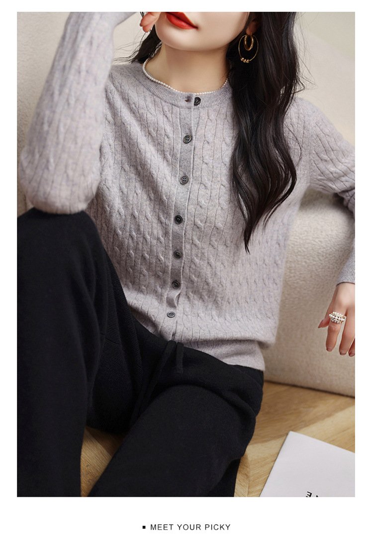 Fashion Round Neck Slim Fit Cable Knit Cardigan