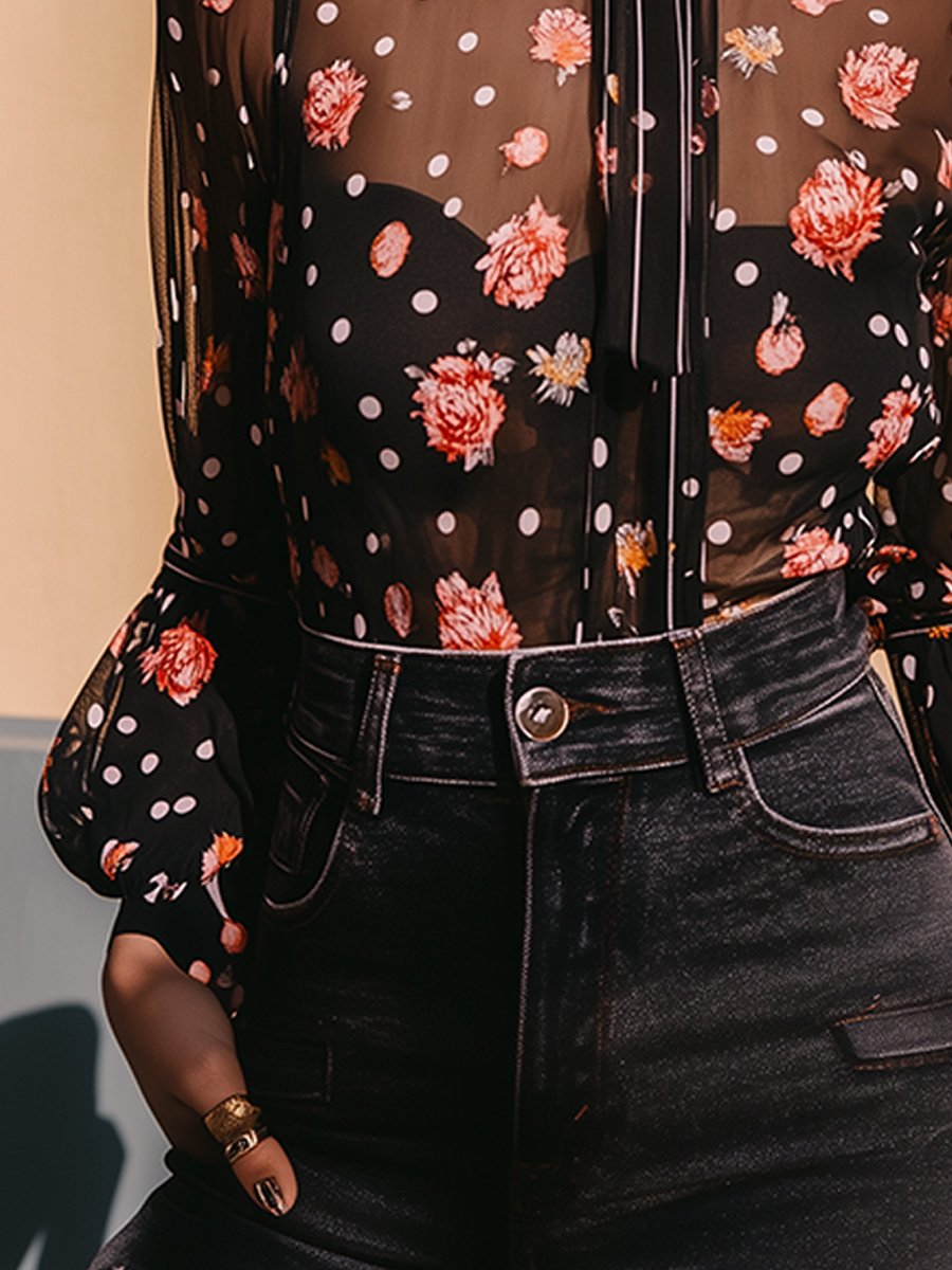 Romantic Transparent Floral Polka Dot Long Sleeve Shirt