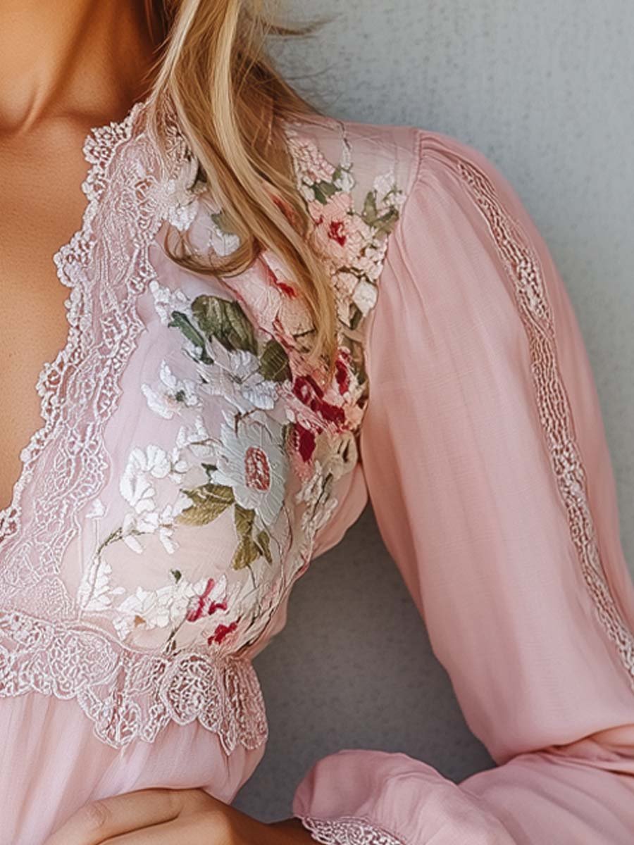 Lace trim Floral cotton linen blouse