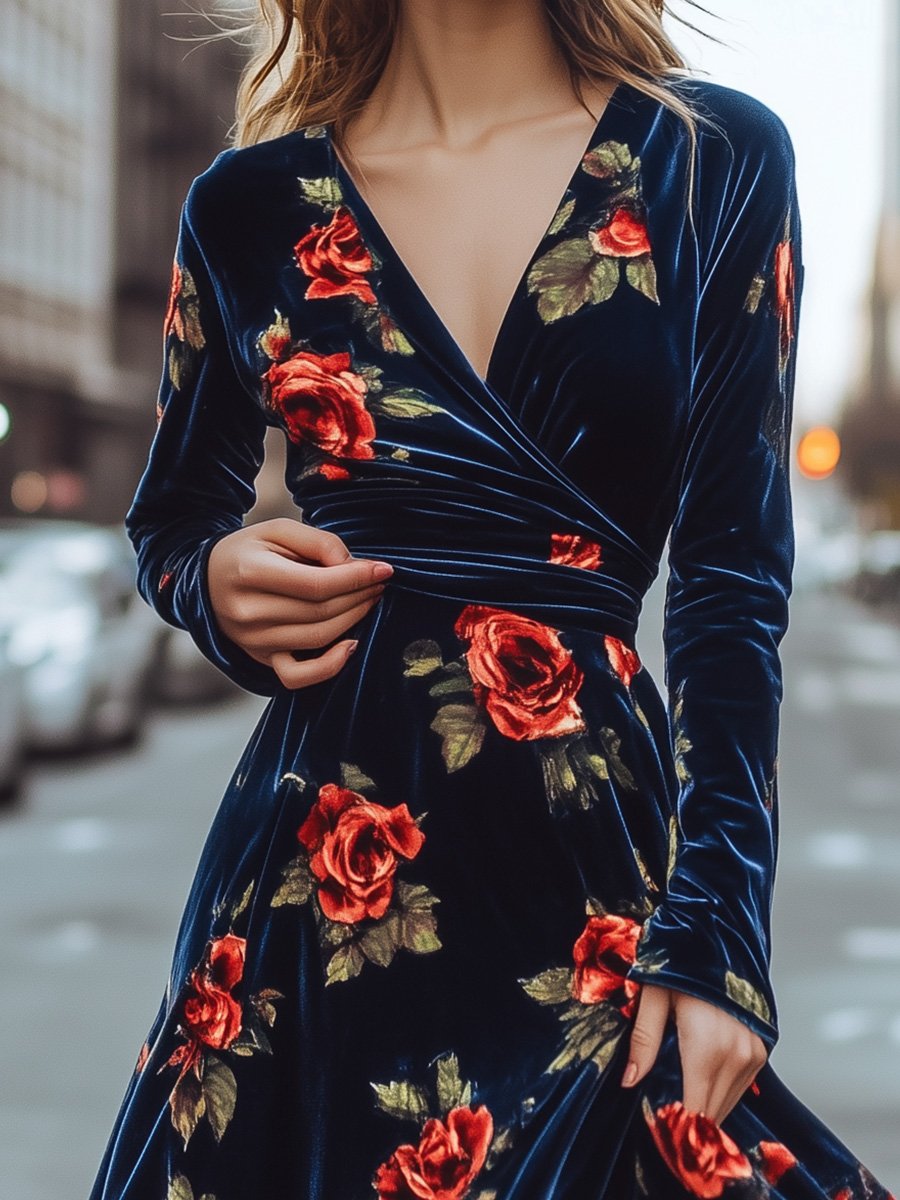 Blue Velvet V-neck Retro Rose Print Maxi Dress with Wide Hem