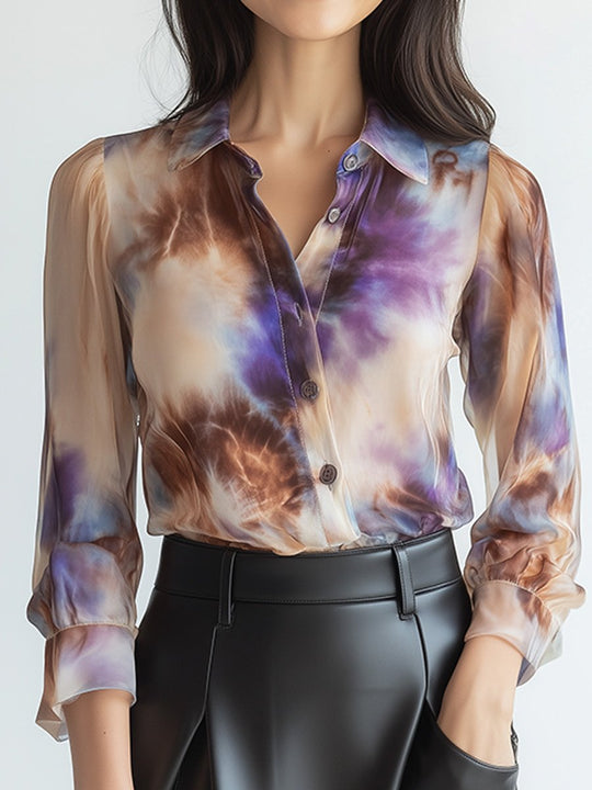 Elegant Tie-dye Satin Long-sleeved Shirt