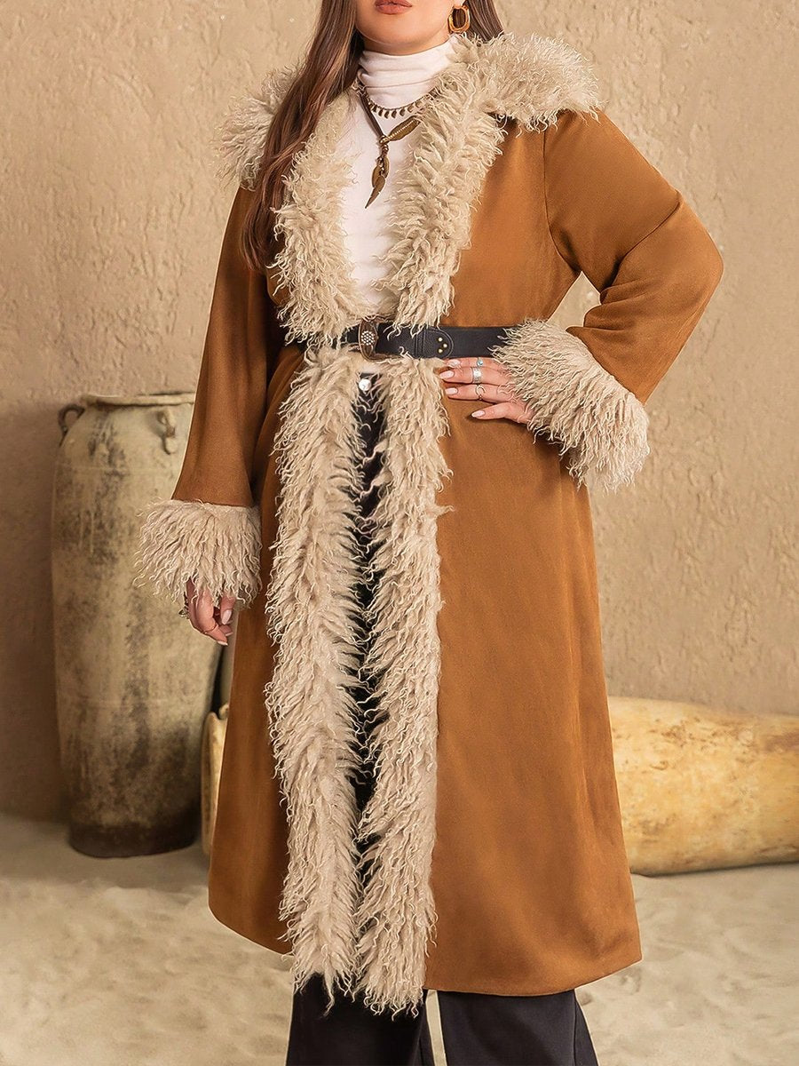 Stylish Faux Leather Fur Trim Plus-size Suede Long Coat