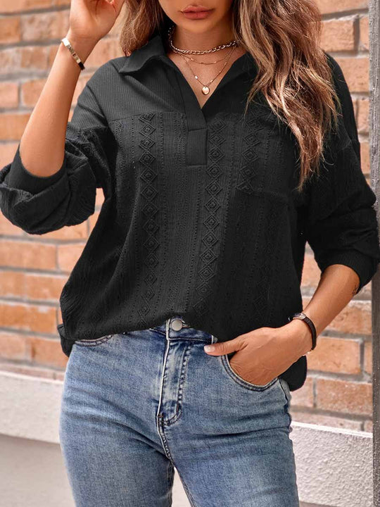 Floral Texture Lapel Knitted Long Sleeve T-Shirt