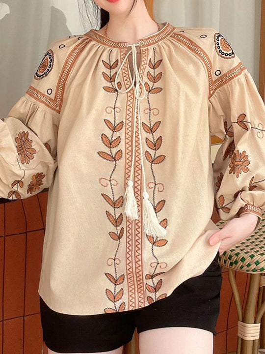 Vintage Cotton and Linen Embroidered Loose Lantern Sleeve Shirt