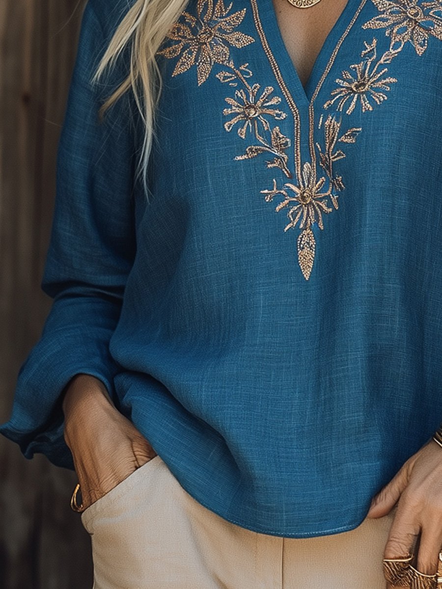 Casual V-neck Cotton and Linen Embroidered Long-sleeved Top