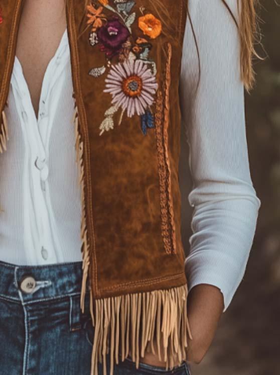 Women's Vintage Embroidered Fringe Hem Suede Vest