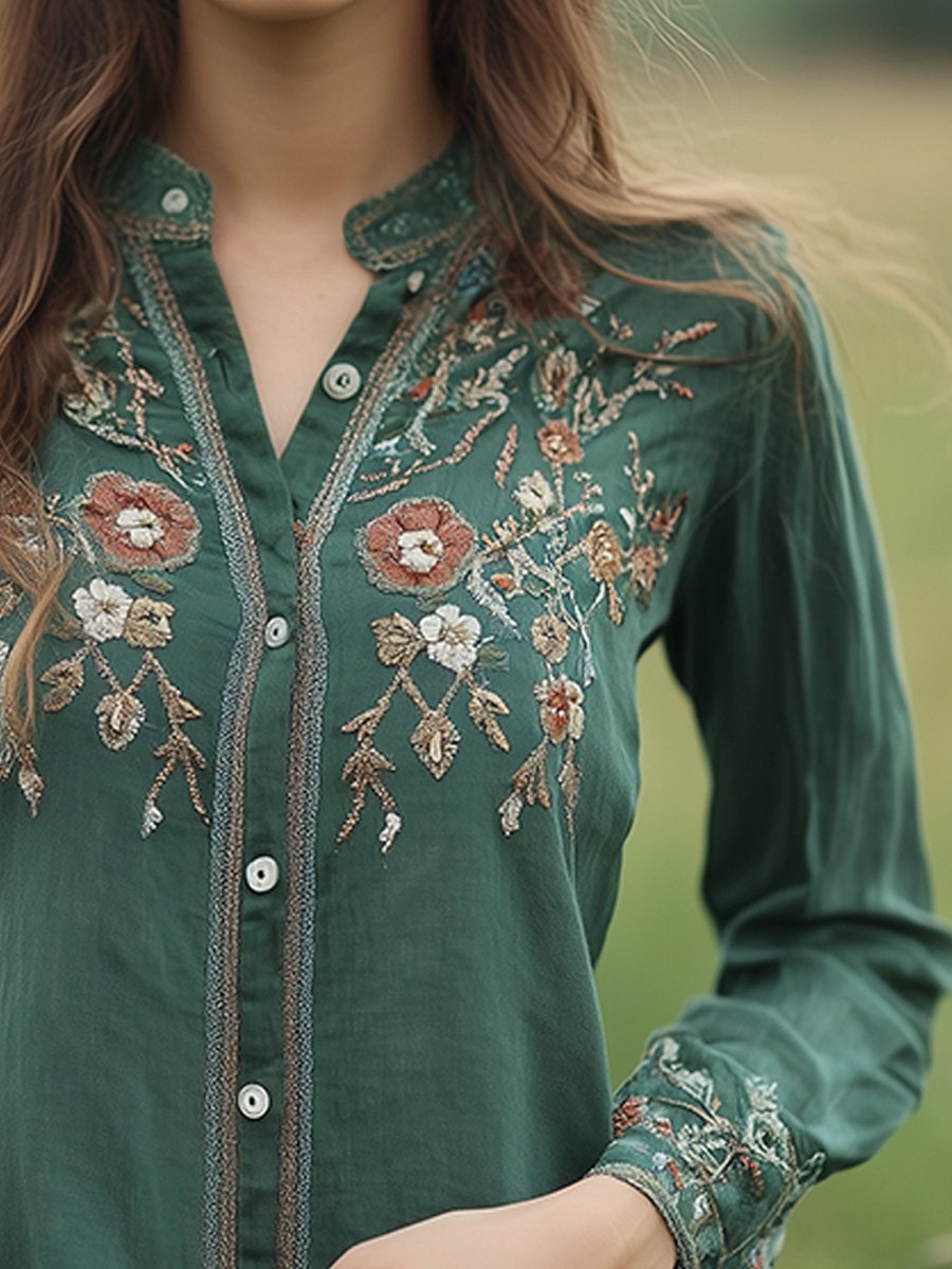 Bohemian Embroidered Button-Up Blouse