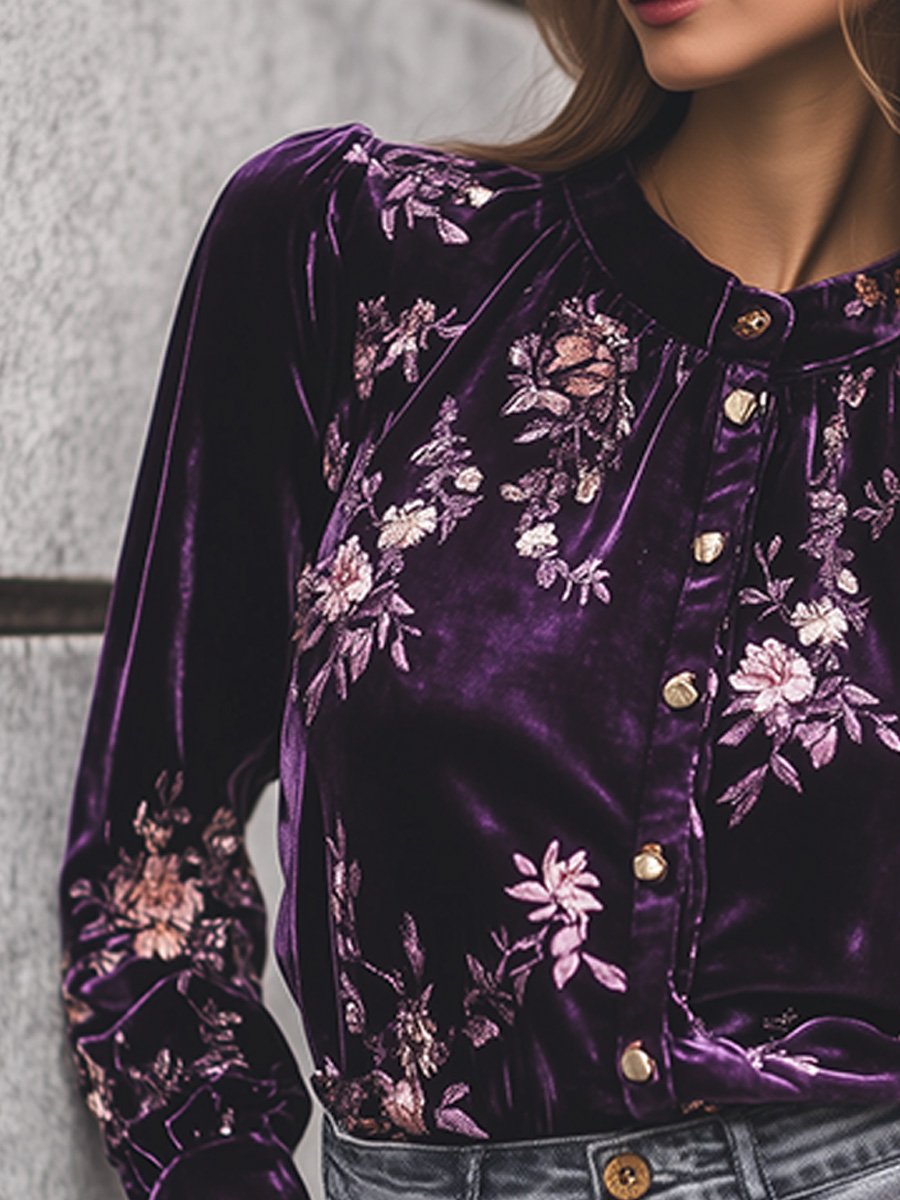 Casual Vintage Velvet Print Long Sleeve Shirt