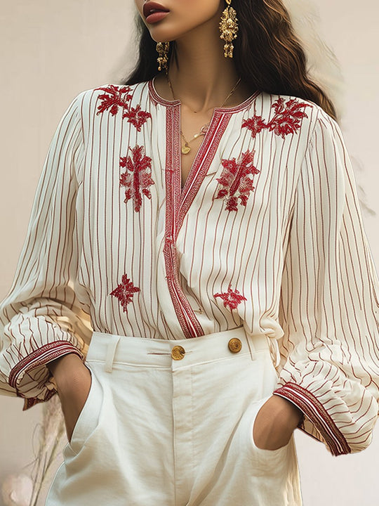 V-Neck Bohemian Striped Embroidered Cotton and Linen Blouse