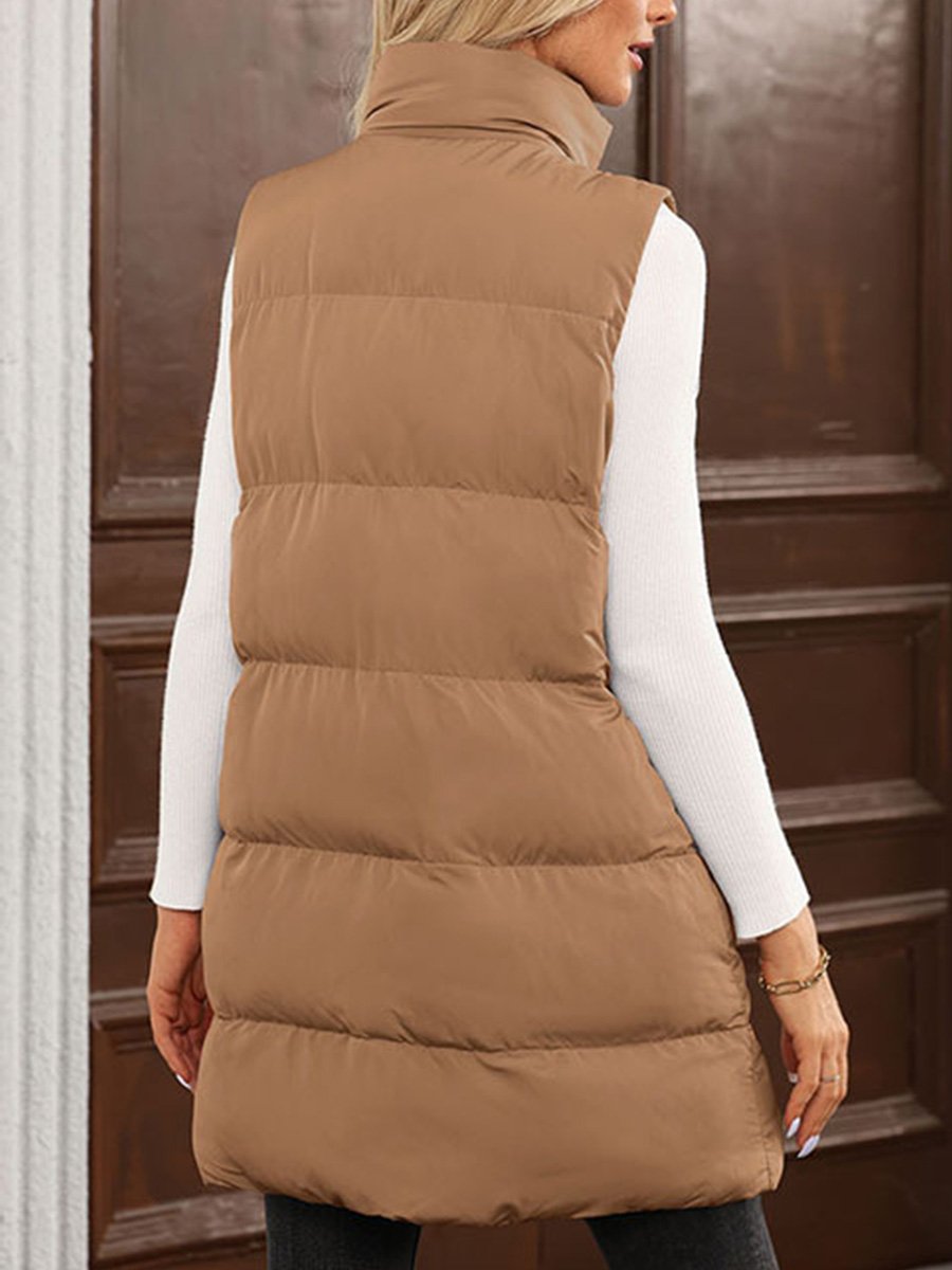 Casual Solid Color Zipper Sleeveless Long Vest