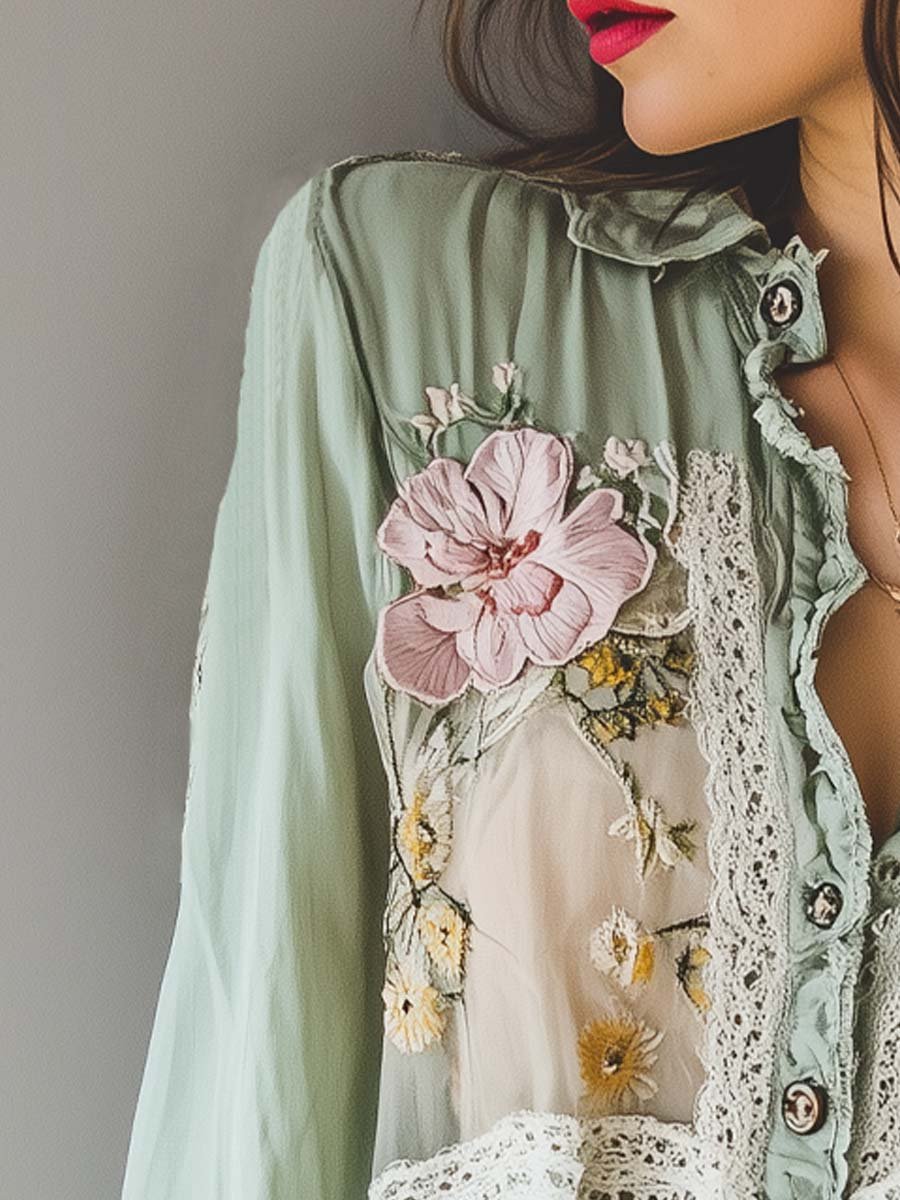 Vintage Floral Print Lace Shirt