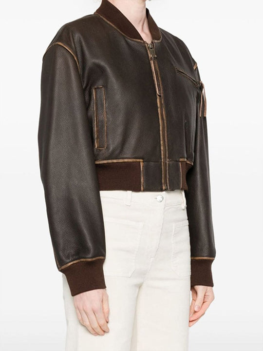 Fashionable Brown Zip-Detail Round Neck Leather Jacket