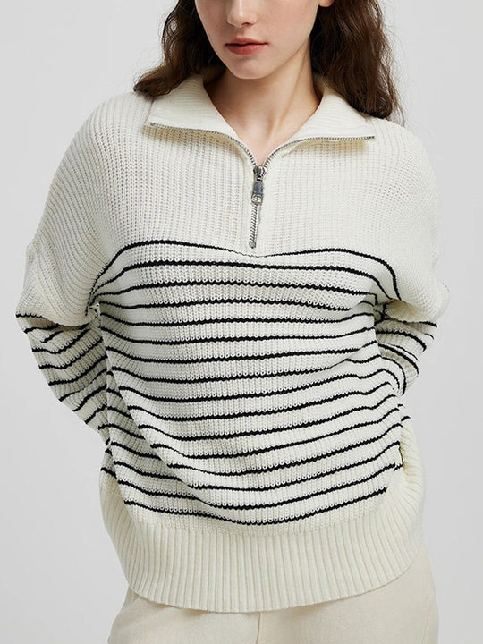 Turtleneck Striped Colorblock Long Sleeve Zipper Pullover Knit Sweater