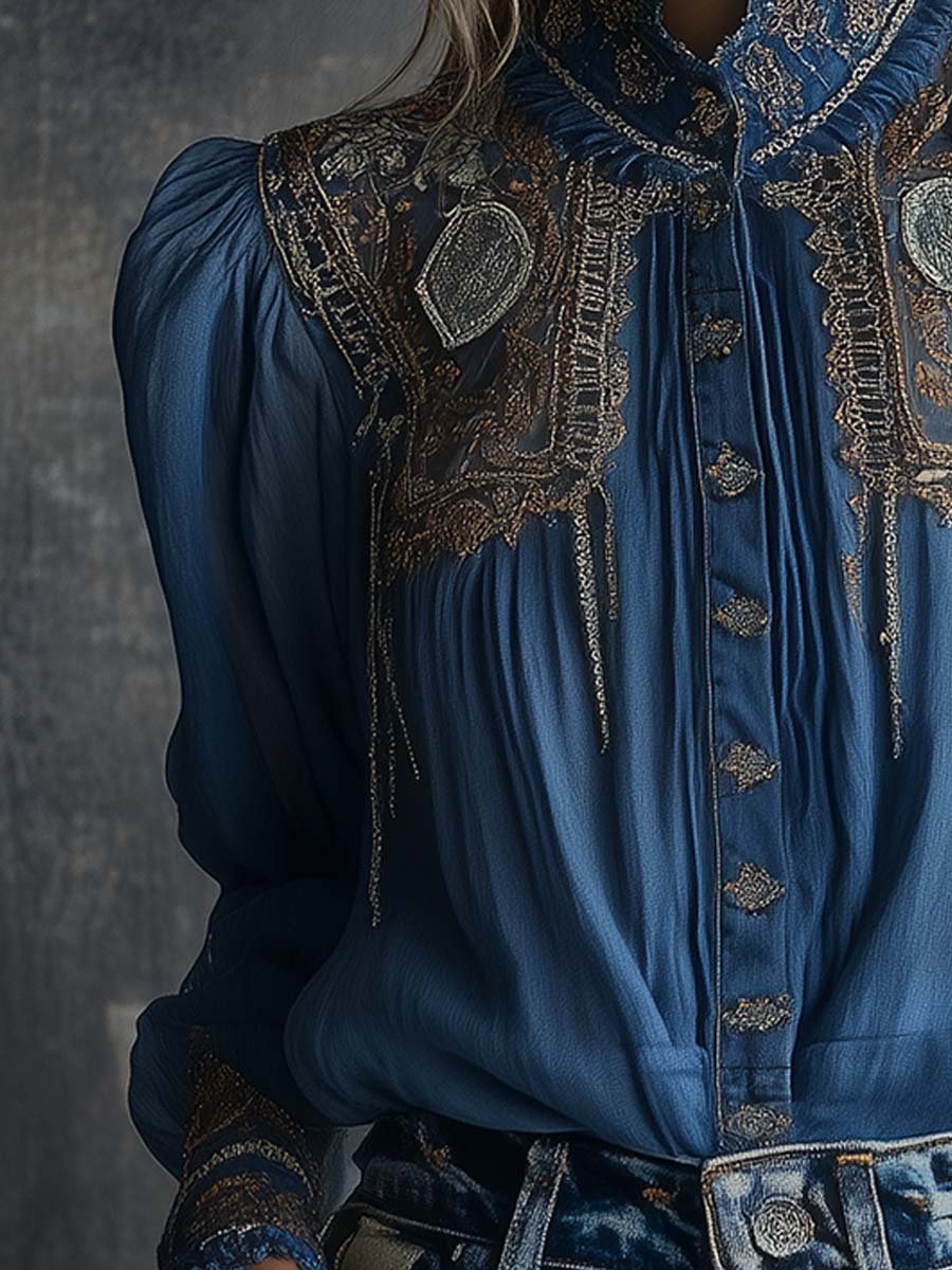 Regal Charm Embroidered Blue Lace Blouse