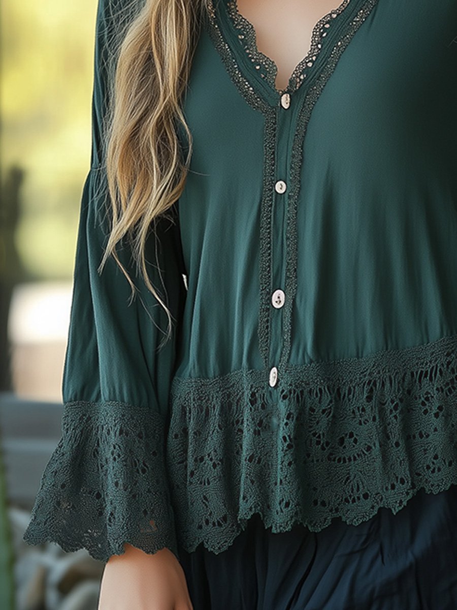 Vintage Lace-Trim Peplum Blouse