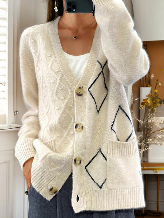 Retro V-neck Button Down Knitted Jacquard Cardigan Sweater