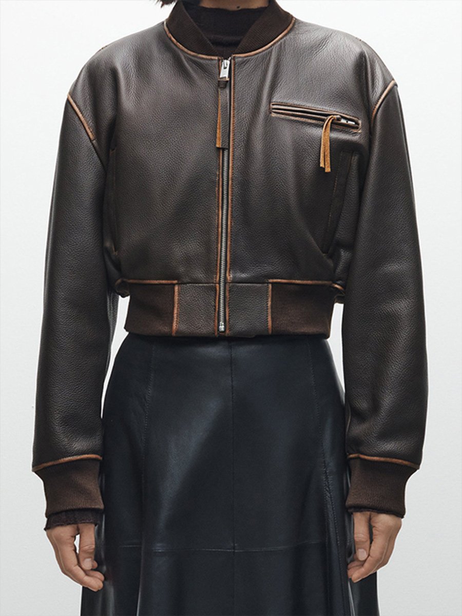 Fashionable Brown Zip-Detail Round Neck Leather Jacket