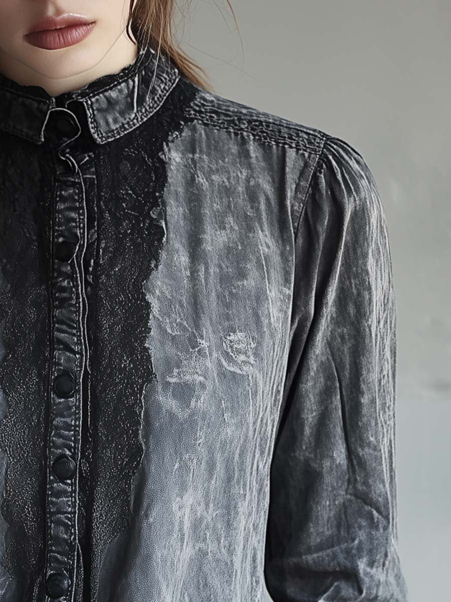 Women's Vintage Mottled Lace Hem Denim Shirt