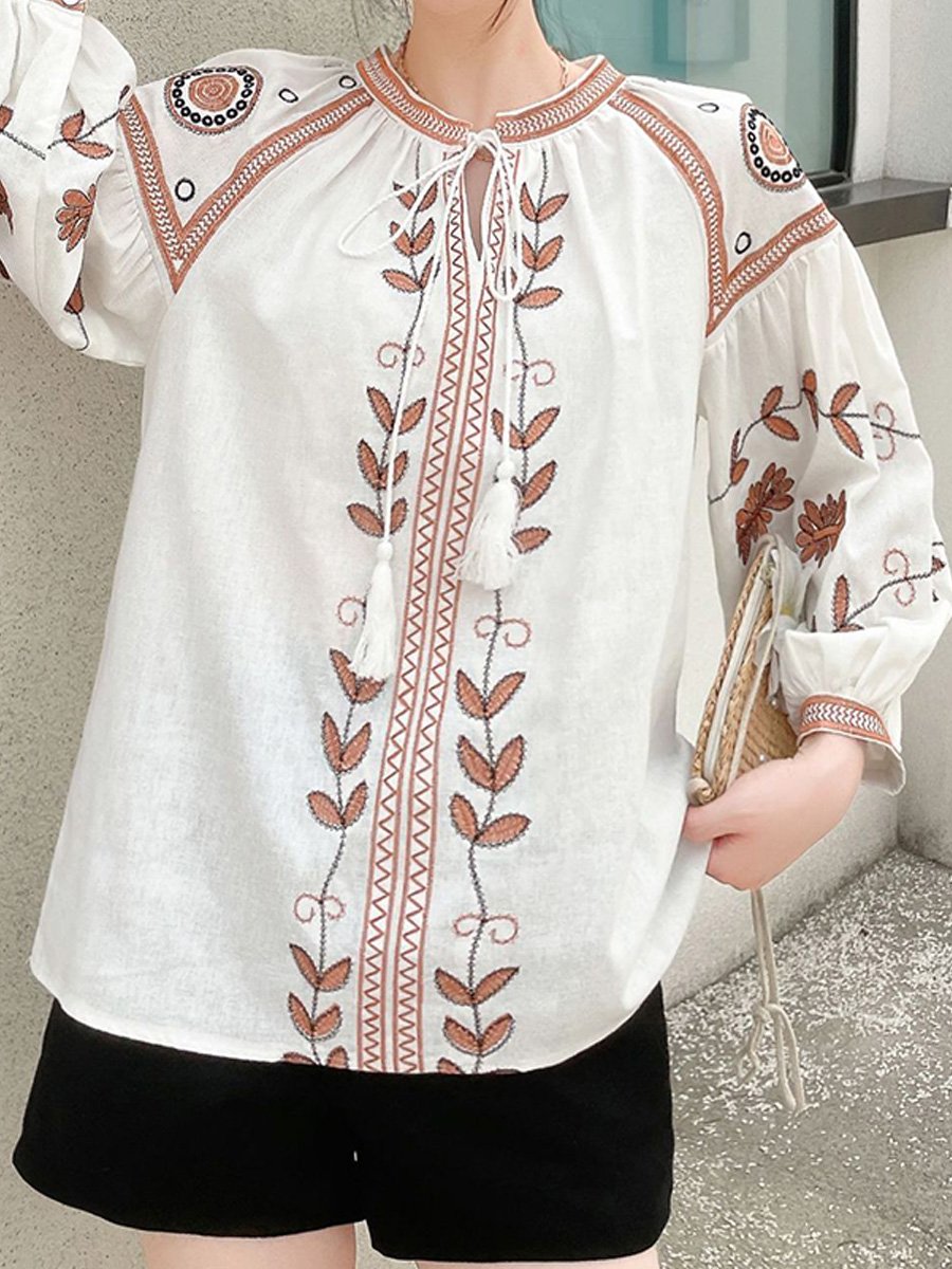 Vintage Cotton and Linen Embroidered Loose Lantern Sleeve Shirt